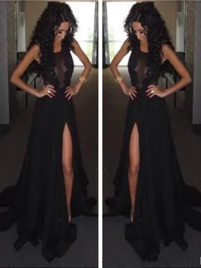 Custom Made A Line Round Neck Black Lace Prom Dresses, Black Lace Formal Dresses