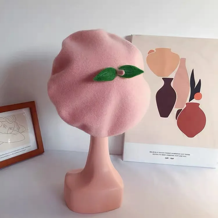 CUTE PEACH PASTEL PINK WOOL BERET HAT BY90168