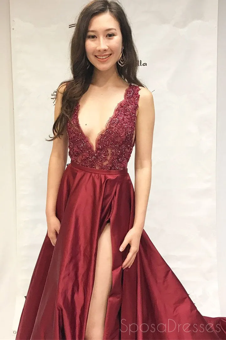 Dark Red Sexy V Neck Side Slit A-line Cheap Evening Prom Dresses,17498