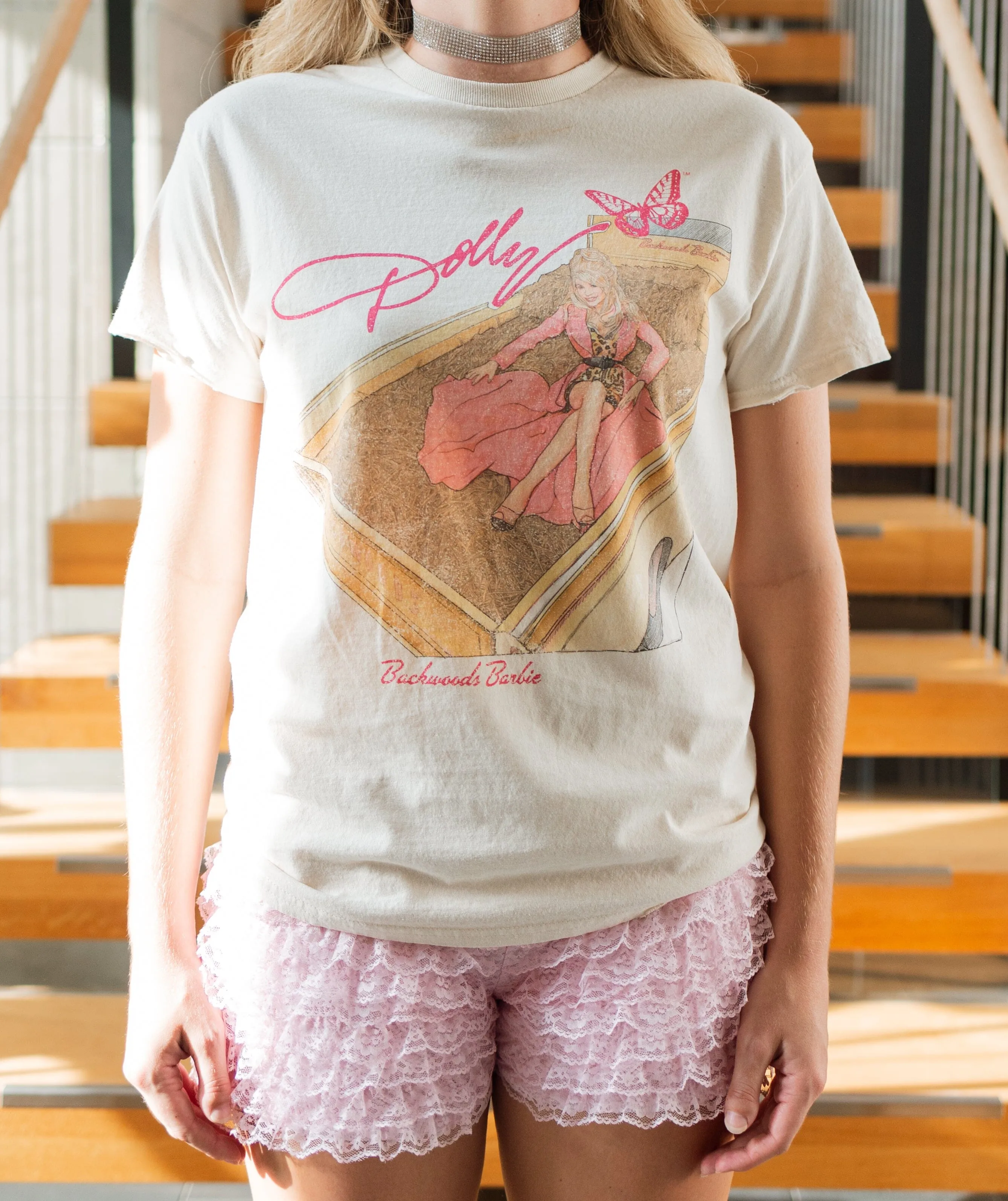 Dolly Parton Backwoods Barbie Off White Thrifted Distressed Tee