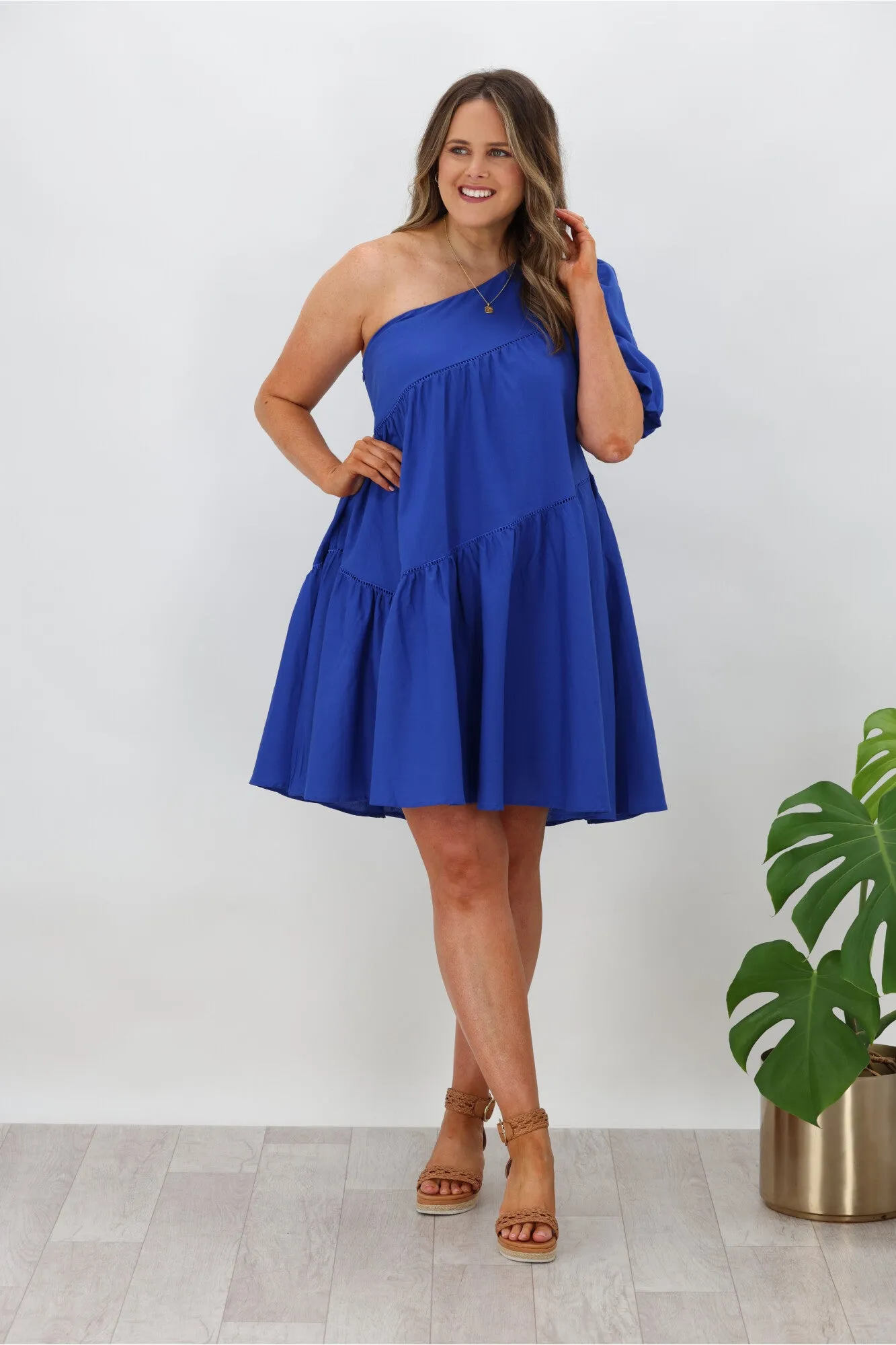 Ebby & I Sally One Shoulder Dress  Blue