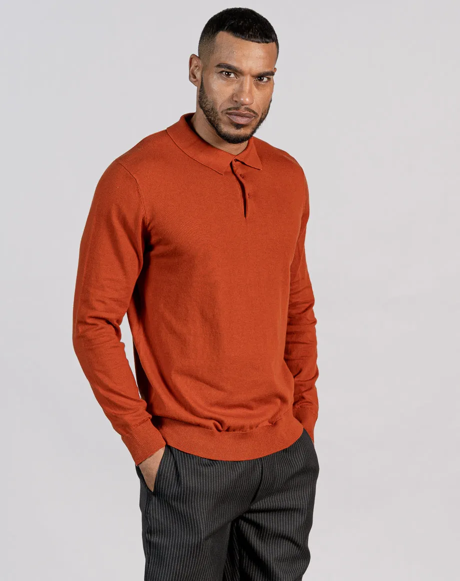 ESSENTIAL LONG SLEEVE KNITTED POLO TOP - ORANGE