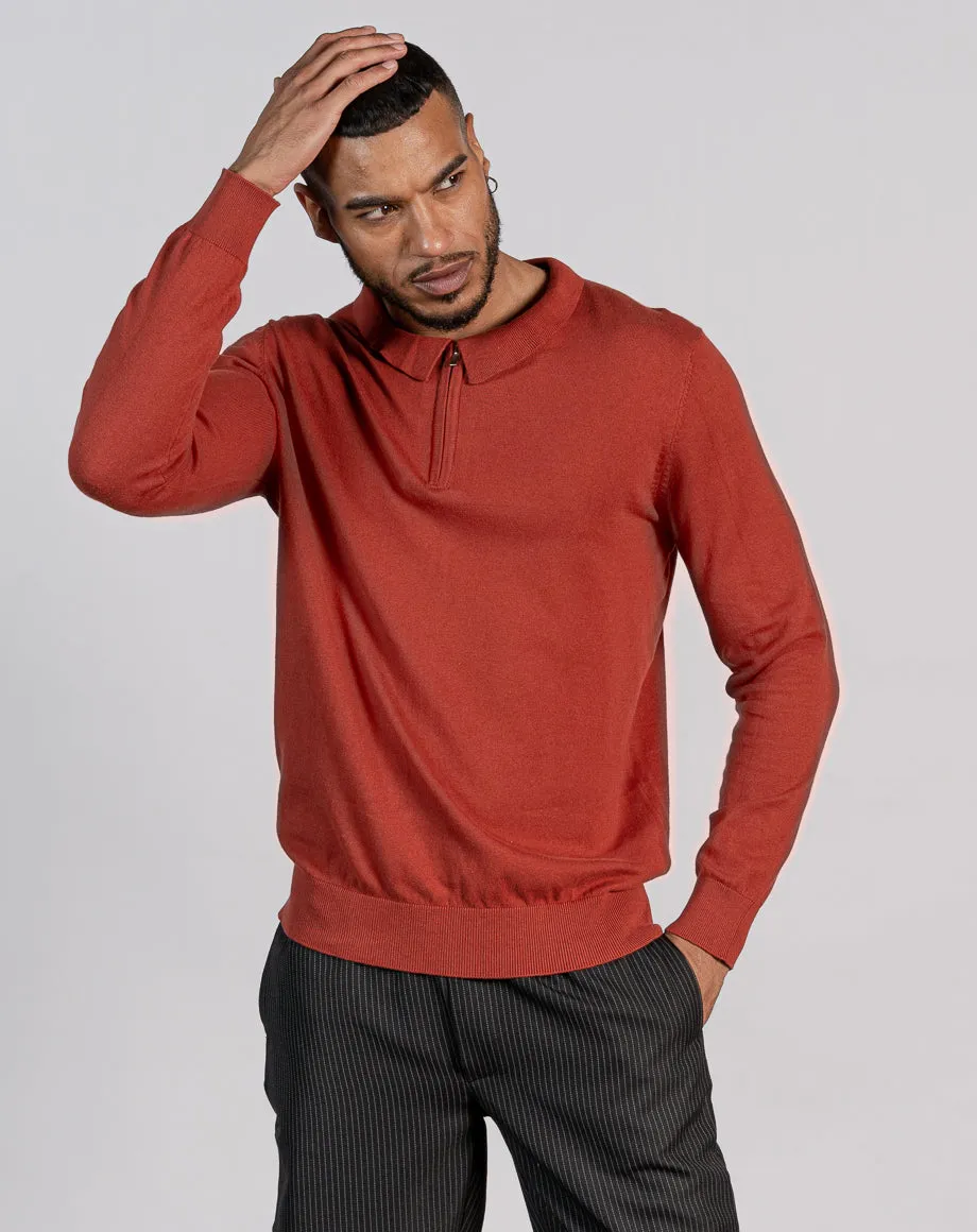 ESSENTIAL LONG SLEEVE ZIPPED POLO TOP - BURGUNDY