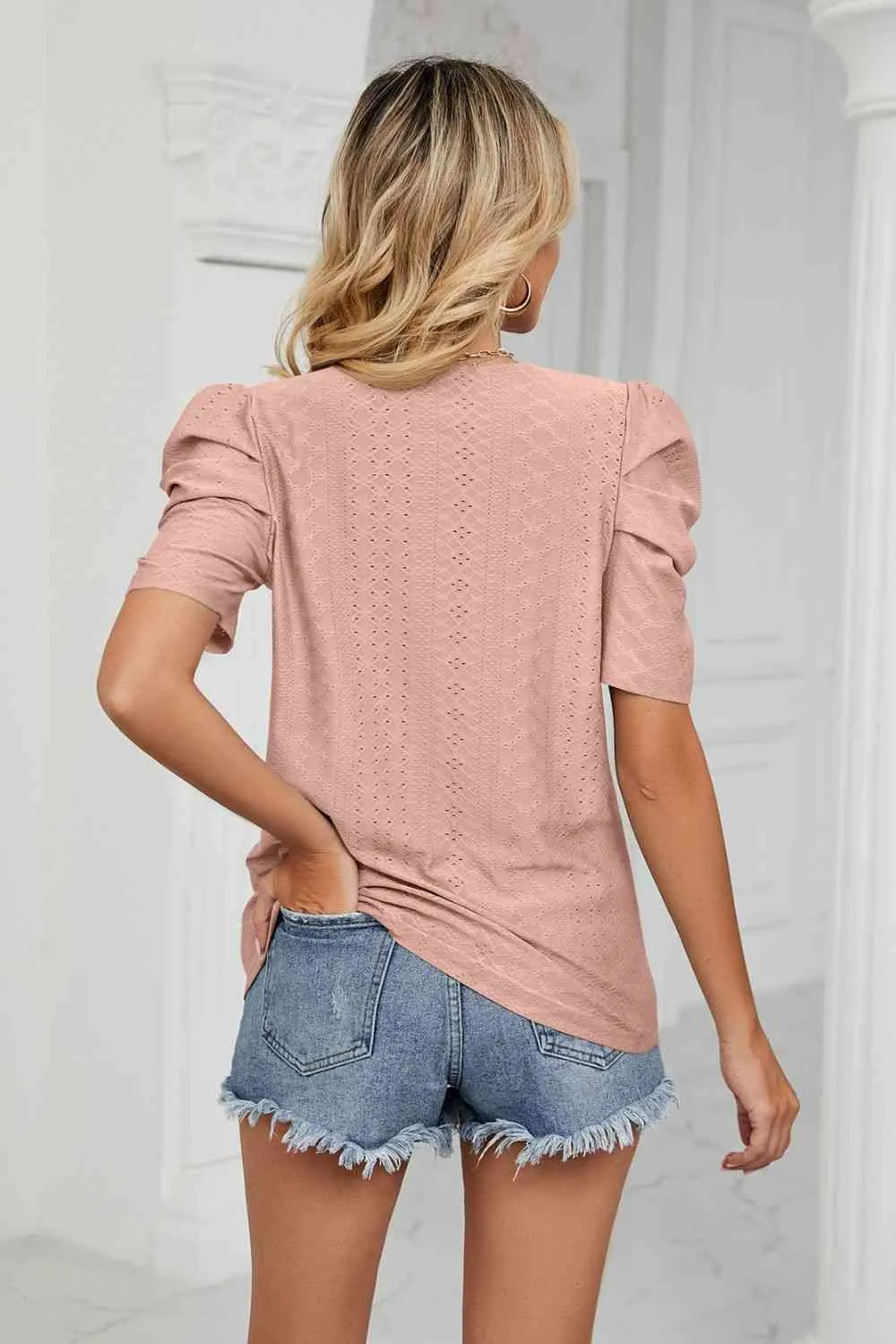 Eyelet Puff Sleeve Round Neck Blouse