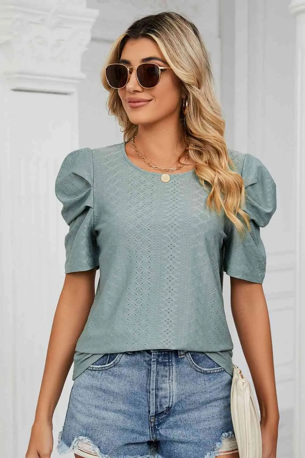 Eyelet Puff Sleeve Round Neck Blouse