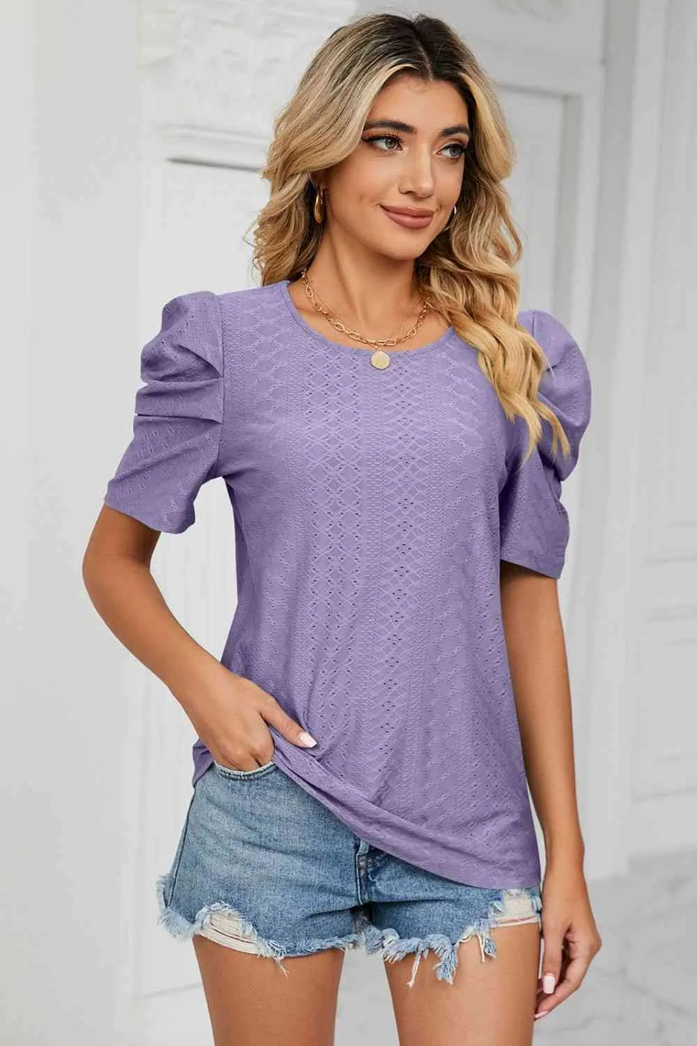 Eyelet Puff Sleeve Round Neck Blouse