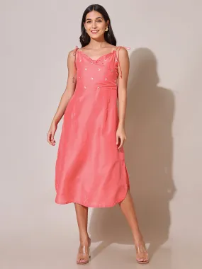 Florette Embroidered Peach Strappy Tie Up Dress