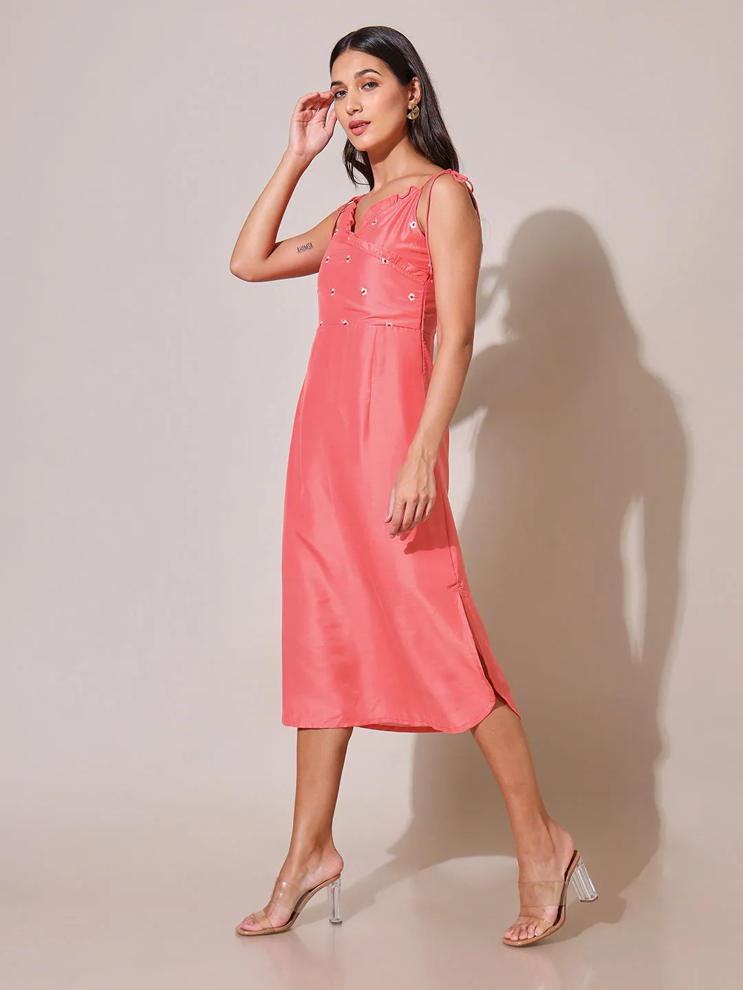 Florette Embroidered Peach Strappy Tie Up Dress