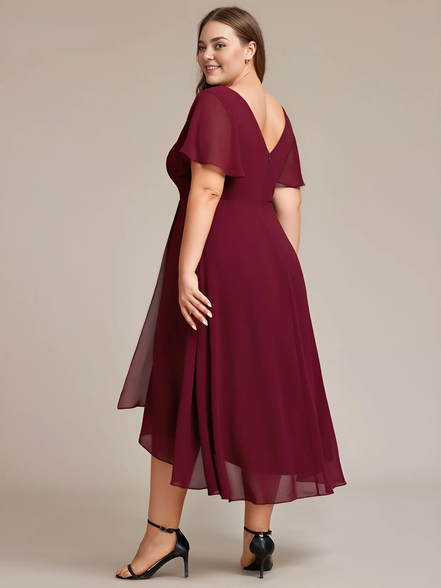 Flowing Chiffon V-Neck Ruffle Sleeves Bridesmaid Dress