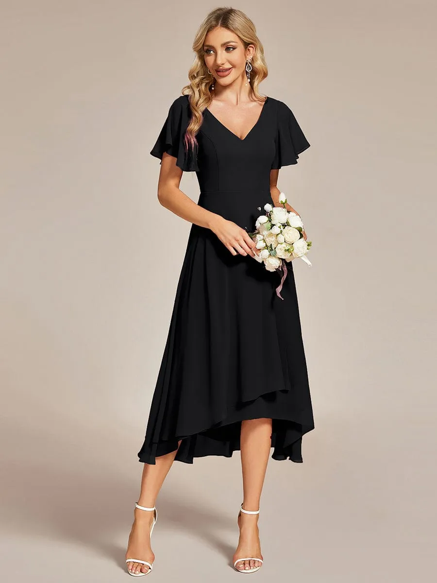 Flowing Chiffon V-Neck Ruffle Sleeves Bridesmaid Dress