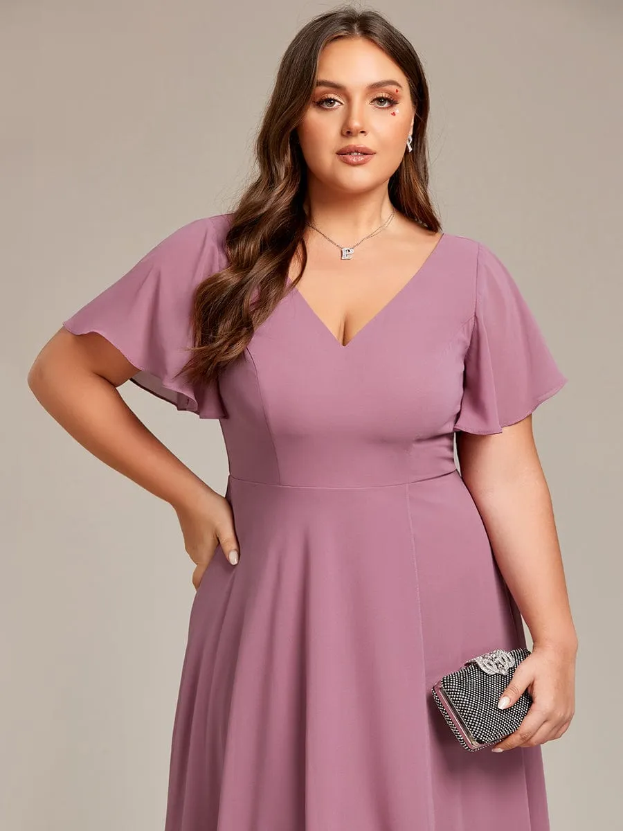 Flowing Chiffon V-Neck Ruffle Sleeves Bridesmaid Dress