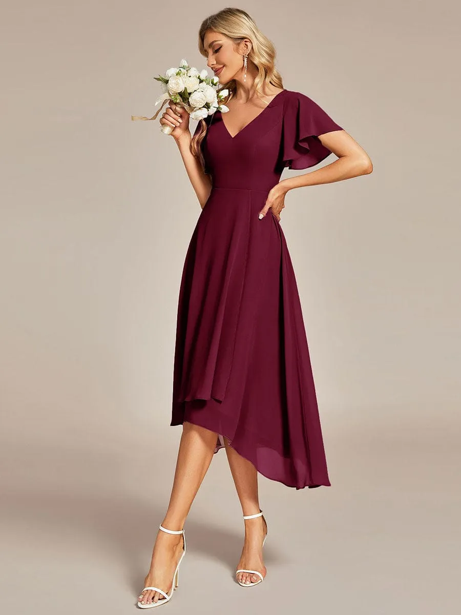 Flowing Chiffon V-Neck Ruffle Sleeves Bridesmaid Dress