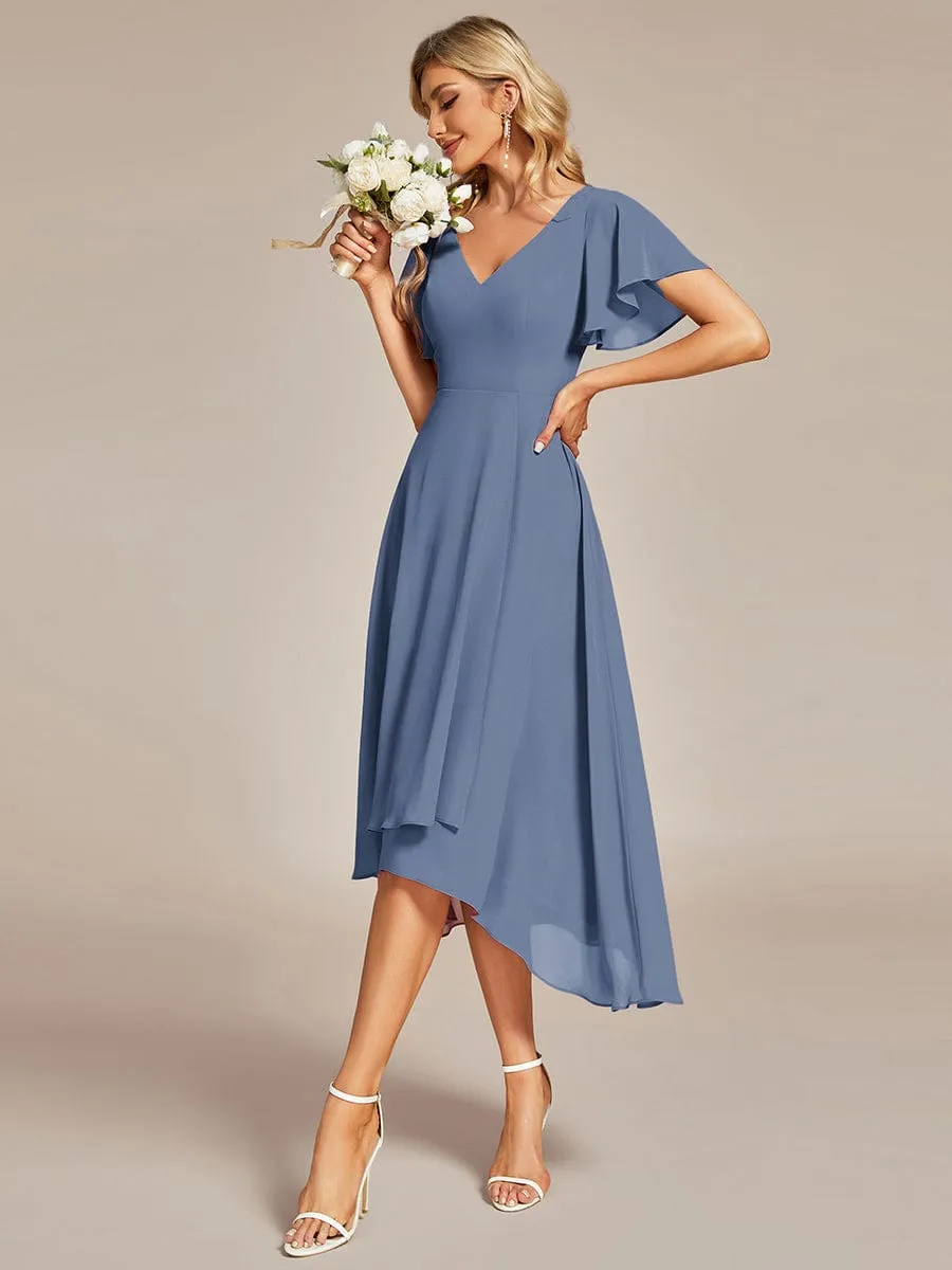 Flowing Chiffon V-Neck Ruffle Sleeves Bridesmaid Dress