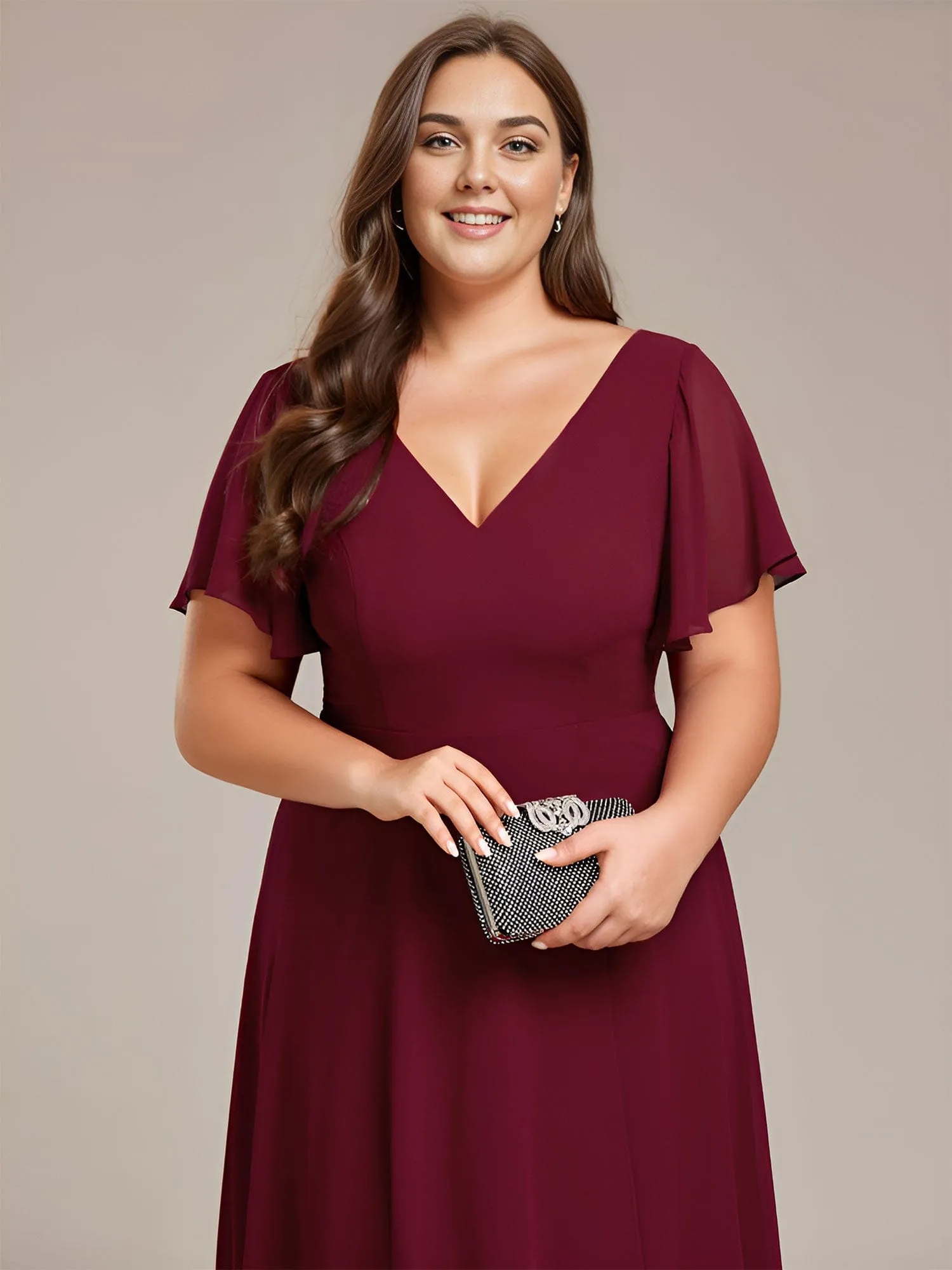 Flowing Chiffon V-Neck Ruffle Sleeves Bridesmaid Dress