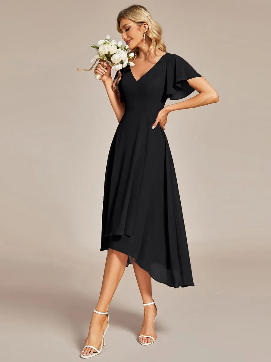 Flowing Chiffon V-Neck Ruffle Sleeves Bridesmaid Dress