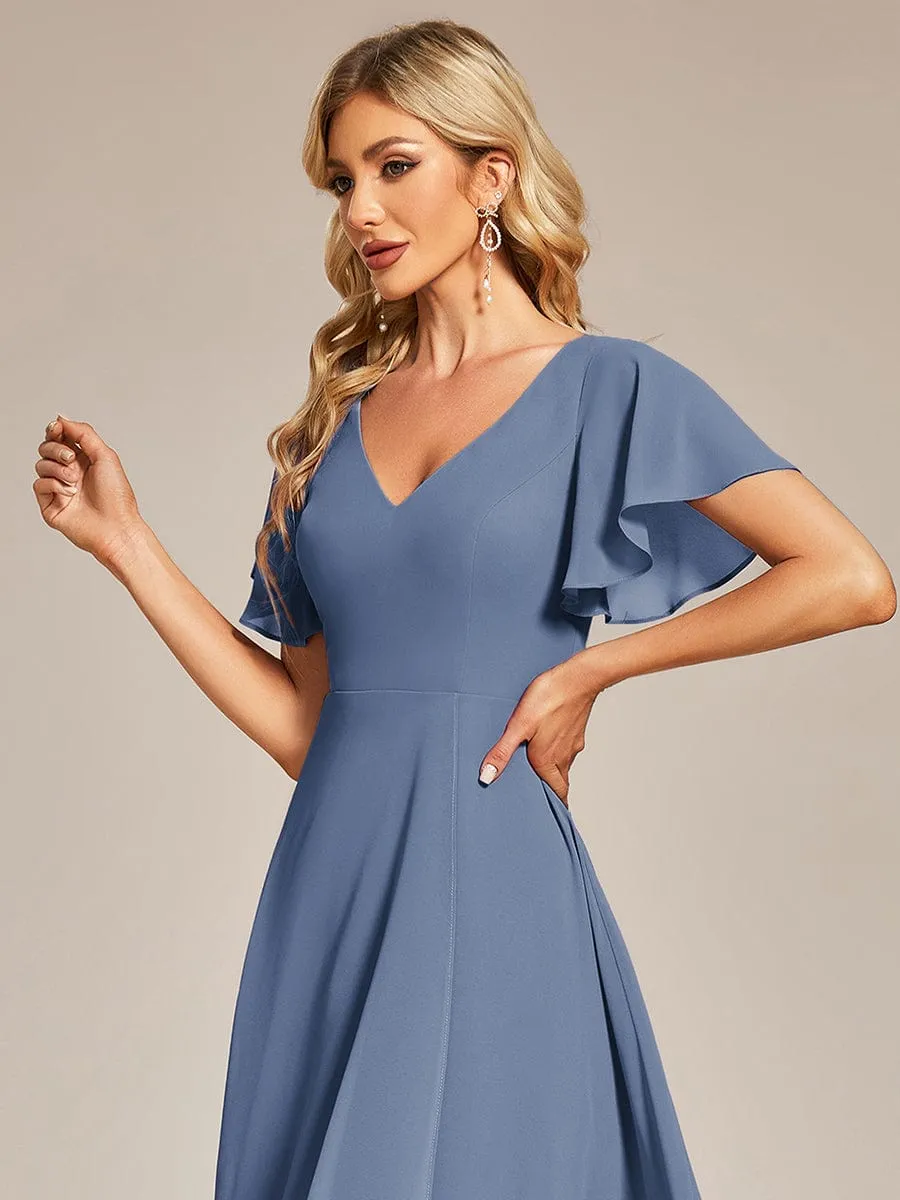 Flowing Chiffon V-Neck Ruffle Sleeves Bridesmaid Dress