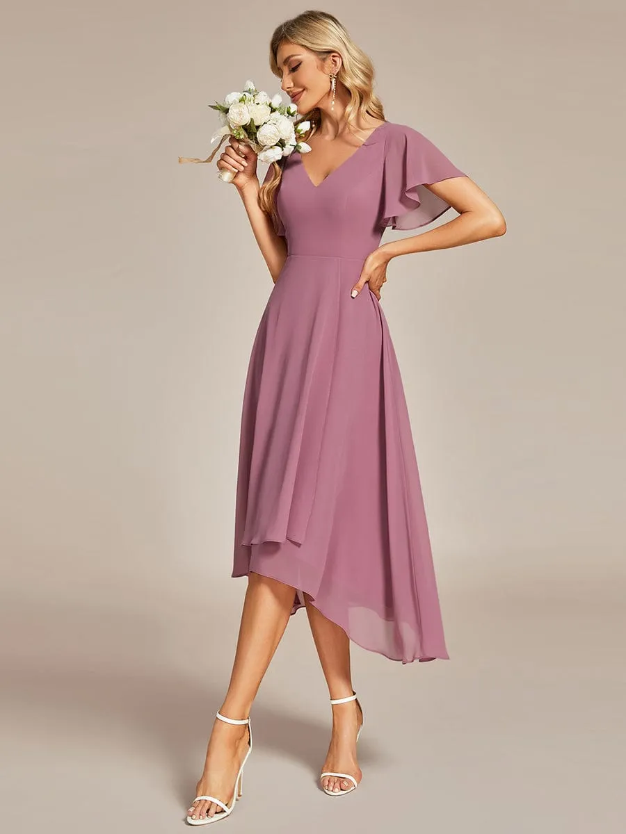 Flowing Chiffon V-Neck Ruffle Sleeves Bridesmaid Dress