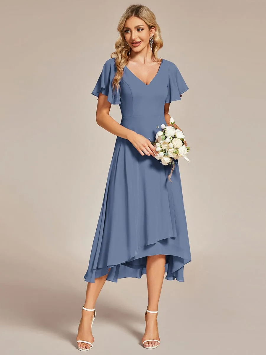 Flowing Chiffon V-Neck Ruffle Sleeves Bridesmaid Dress