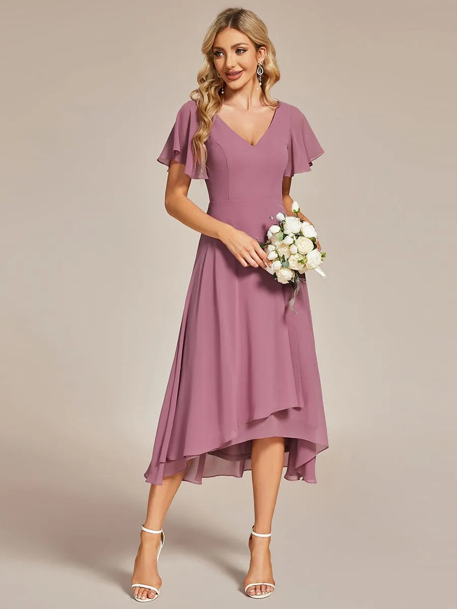 Flowing Chiffon V-Neck Ruffle Sleeves Bridesmaid Dress