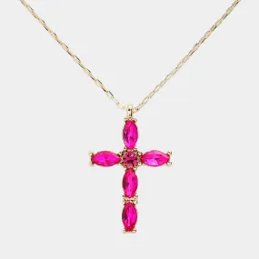 Fuchsia Marquise Stone Cluster Cross Pendant Necklace