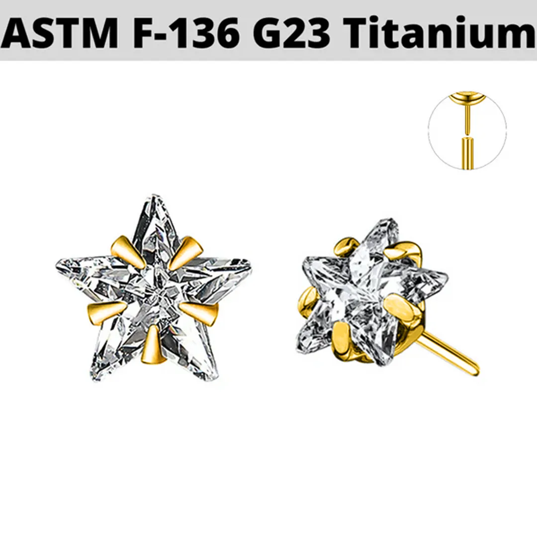 G23 Gold PVD Titanium Threadless Push In Prong Set Star CZ Top