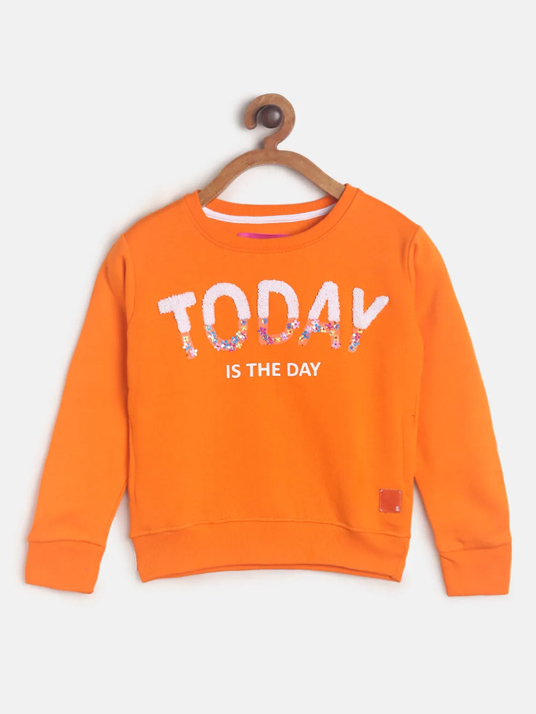 Girls Orange Printed Cotton Sweatshirt