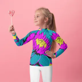 Girl's Pop Art BJJ Long Sleeve Rash Guards - Roy Lichtenstein Inspired Dahlia Print 001