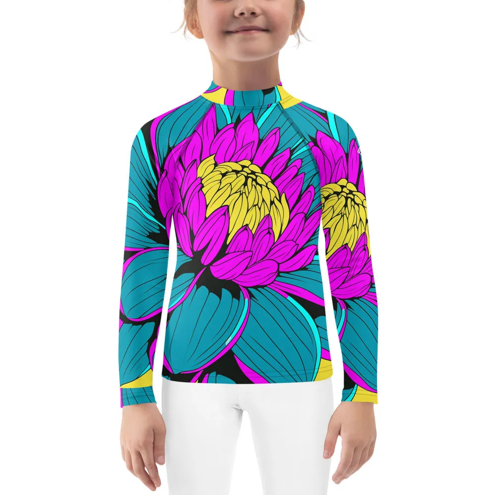 Girl's Pop Art BJJ Long Sleeve Rash Guards - Roy Lichtenstein Inspired Dahlia Print 001