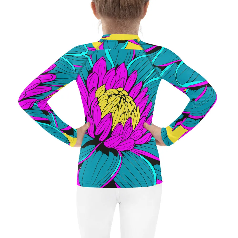 Girl's Pop Art BJJ Long Sleeve Rash Guards - Roy Lichtenstein Inspired Dahlia Print 001