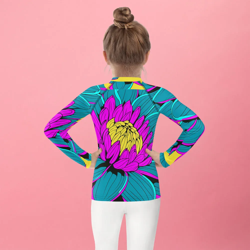 Girl's Pop Art BJJ Long Sleeve Rash Guards - Roy Lichtenstein Inspired Dahlia Print 001