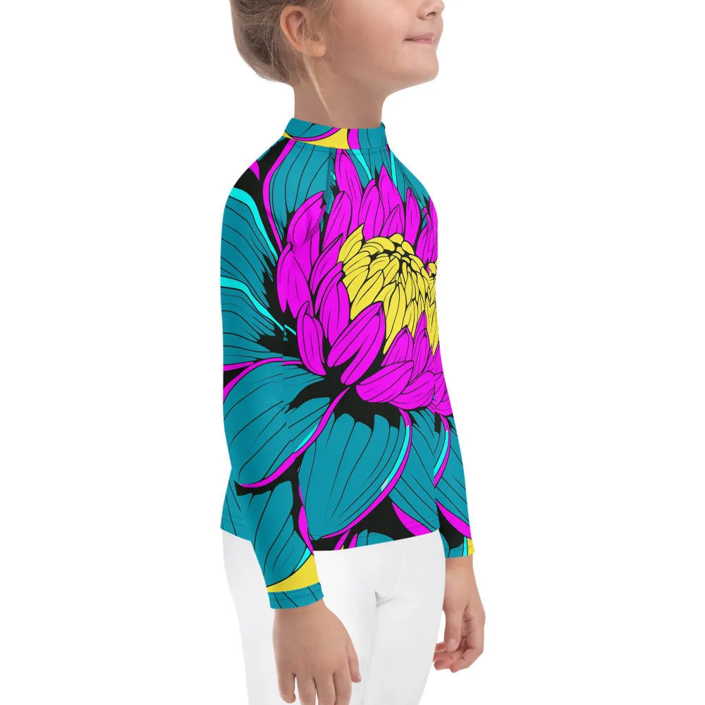 Girl's Pop Art BJJ Long Sleeve Rash Guards - Roy Lichtenstein Inspired Dahlia Print 001