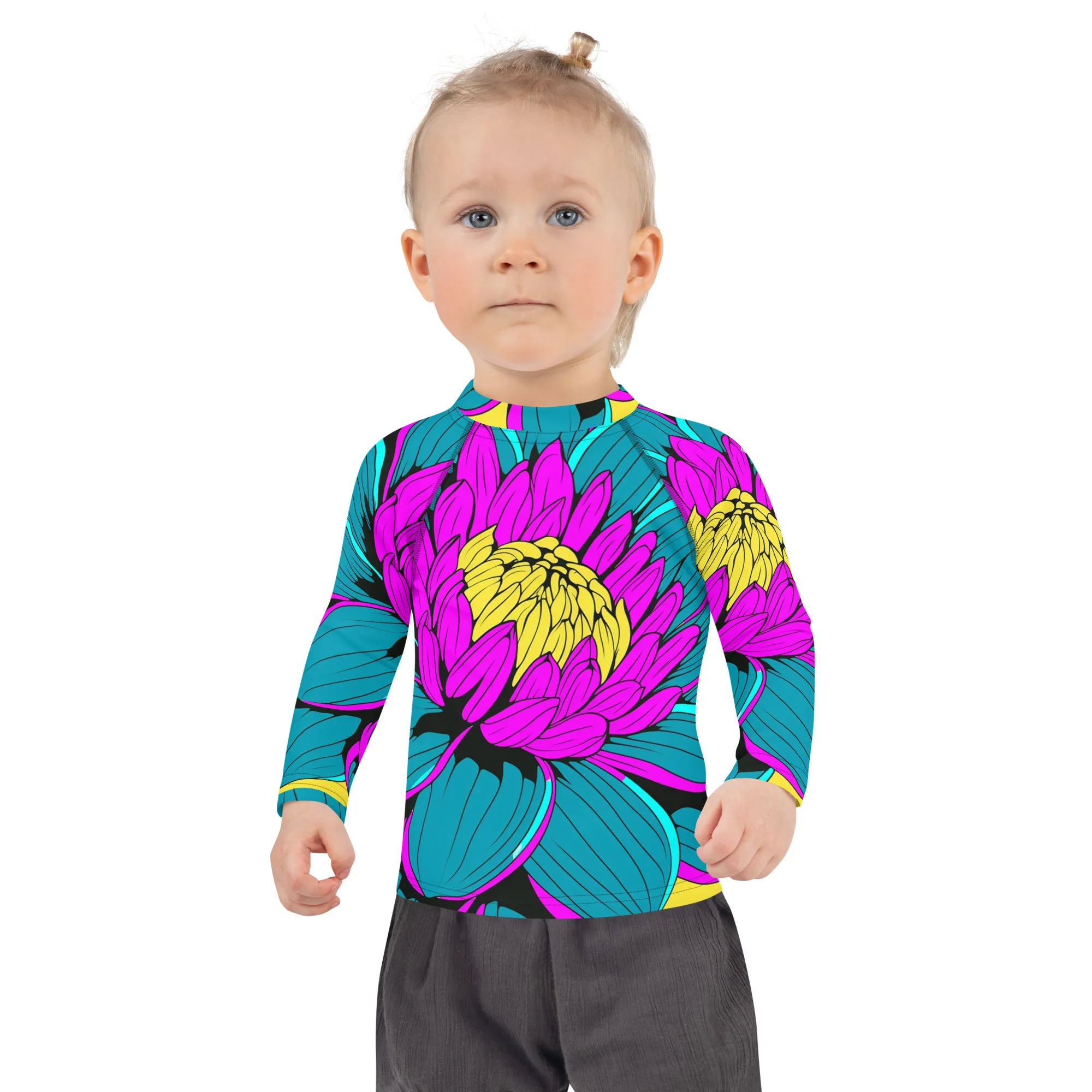 Girl's Pop Art BJJ Long Sleeve Rash Guards - Roy Lichtenstein Inspired Dahlia Print 001