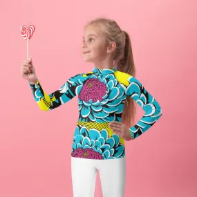 Girl's Pop Art BJJ Long Sleeve Rash Guards - Roy Lichtenstein Inspired Dahlia Print 002