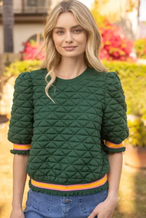 Green and Orange Quilted Striped Band Knit Top