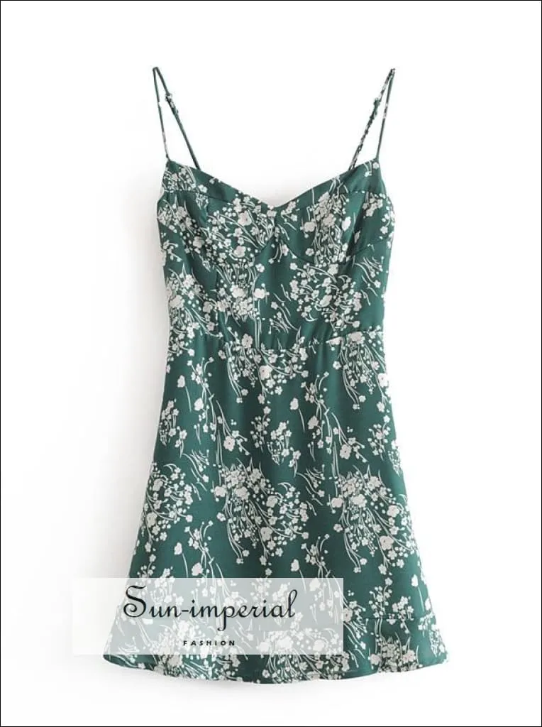 Green Floral Cami Straps A-line Corset Style Mini Dress with Ruffle Edge detail