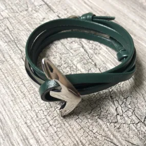 GREEN GENUINE LEATHER ANCHOR CUFF BRACELET - SILVER