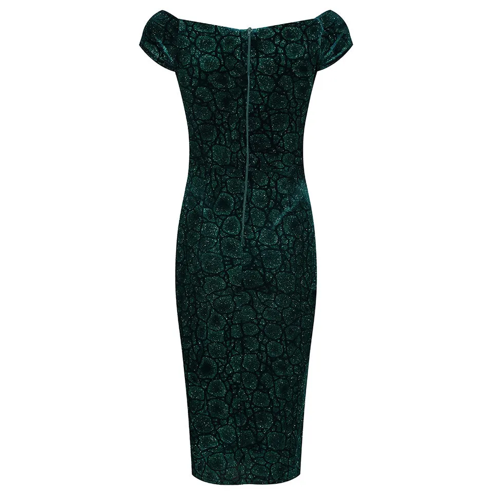 Green Vintage Animal Print Velvet Capped Sleeve Wiggle Dress