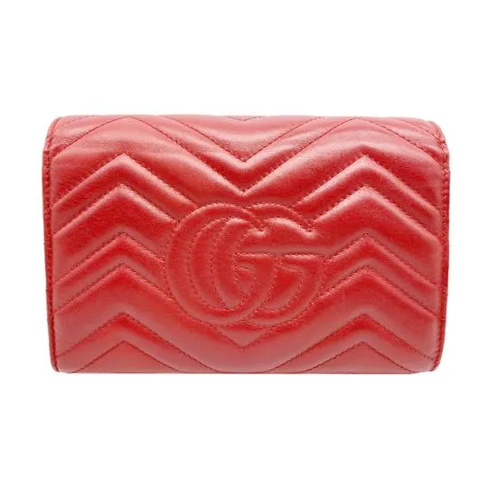 Gucci Marmont Gg Chevron Quilted Flap Wallet On A Chain Red Leather Cross Body Bag