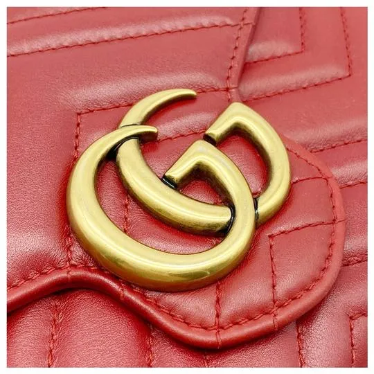 Gucci Marmont Gg Chevron Quilted Flap Wallet On A Chain Red Leather Cross Body Bag