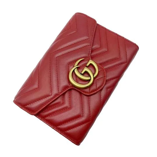 Gucci Marmont Gg Chevron Quilted Flap Wallet On A Chain Red Leather Cross Body Bag