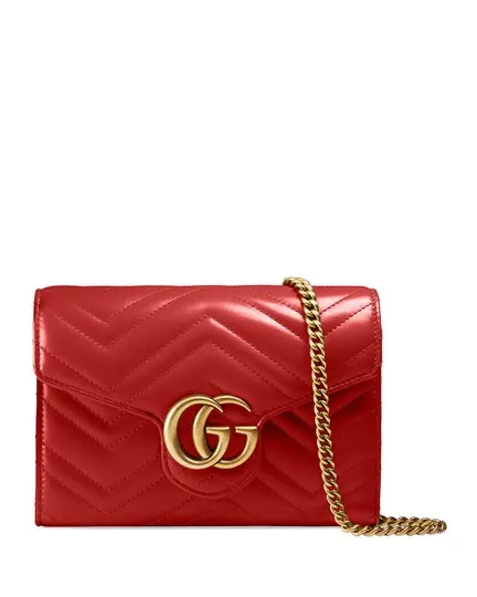 Gucci Marmont Gg Chevron Quilted Flap Wallet On A Chain Red Leather Cross Body Bag