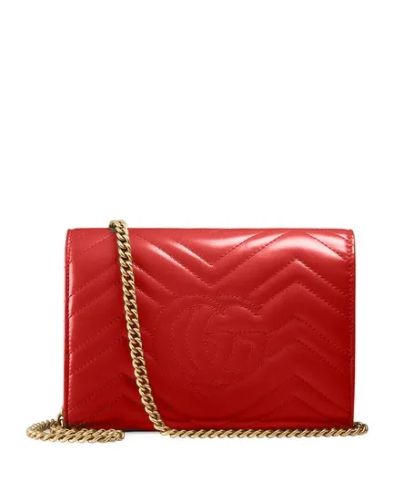 Gucci Marmont Gg Chevron Quilted Flap Wallet On A Chain Red Leather Cross Body Bag