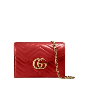 Gucci Marmont Gg Chevron Quilted Flap Wallet On A Chain Red Leather Cross Body Bag