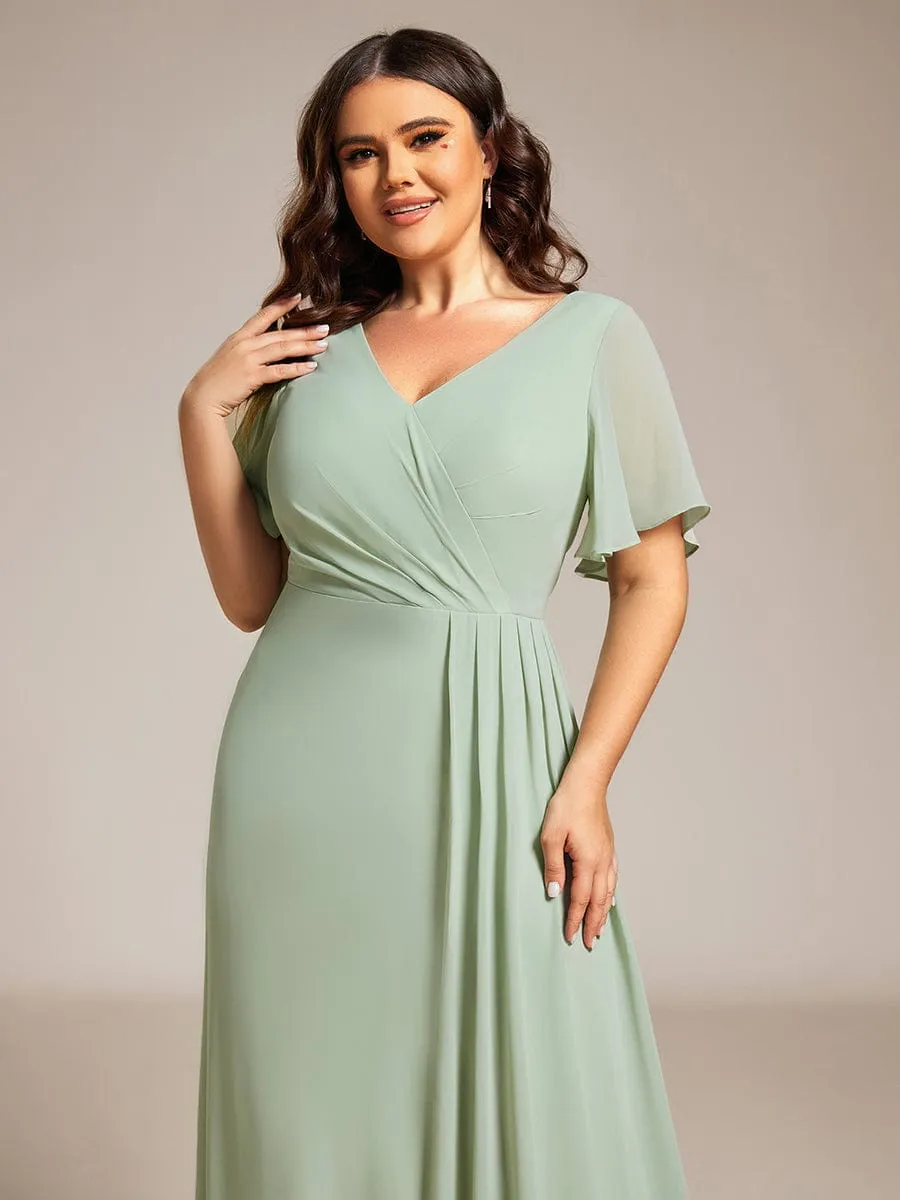 High Slit V-Neck Chiffon High Waist Bridesmaid Dress with Ruffle Sleeve