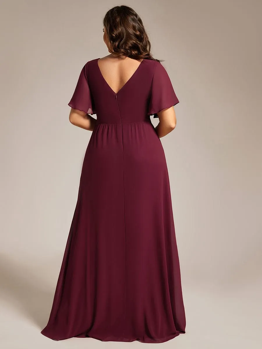 High Slit V-Neck Chiffon High Waist Bridesmaid Dress with Ruffle Sleeve