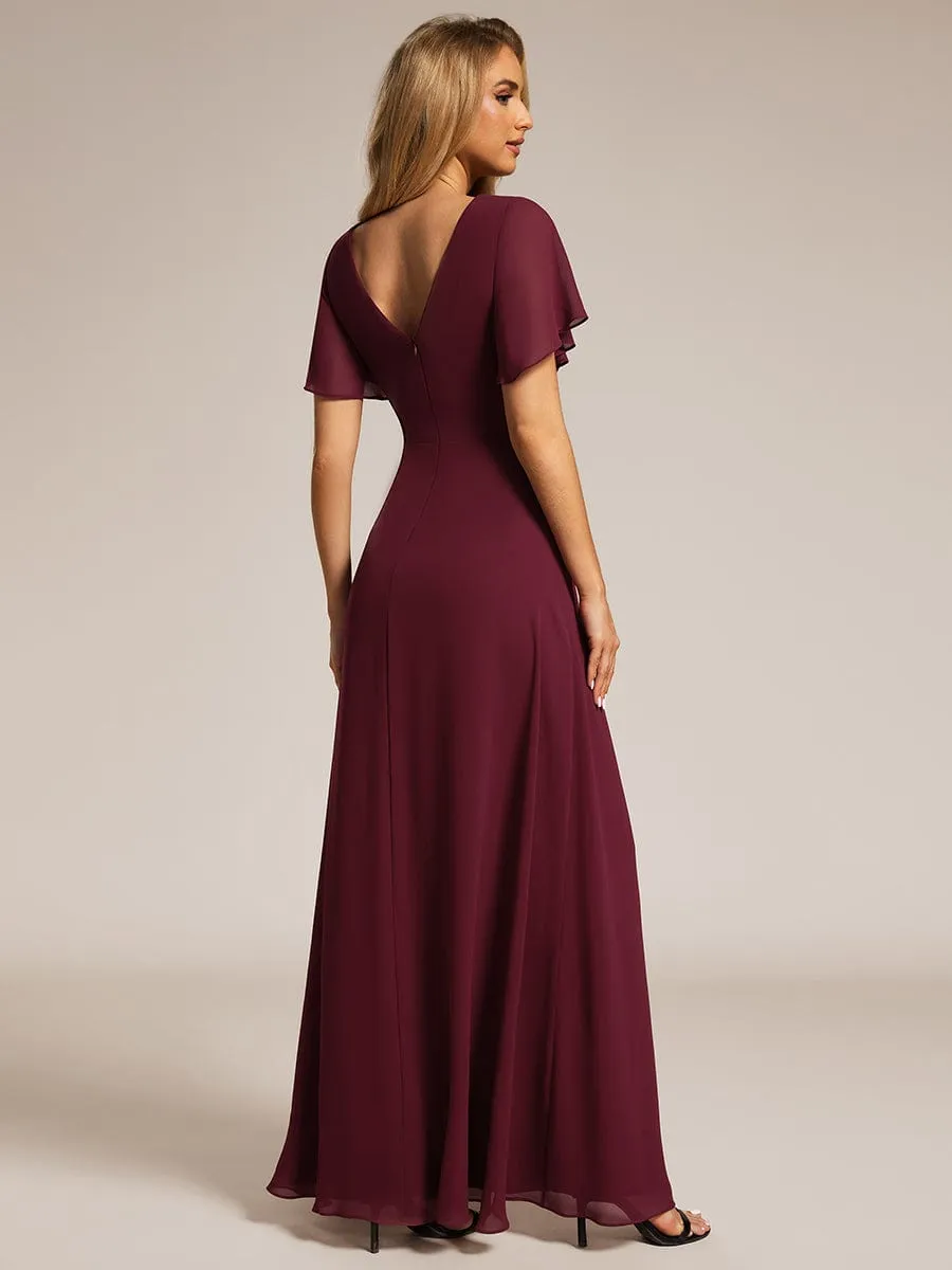 High Slit V-Neck Chiffon High Waist Bridesmaid Dress with Ruffle Sleeve