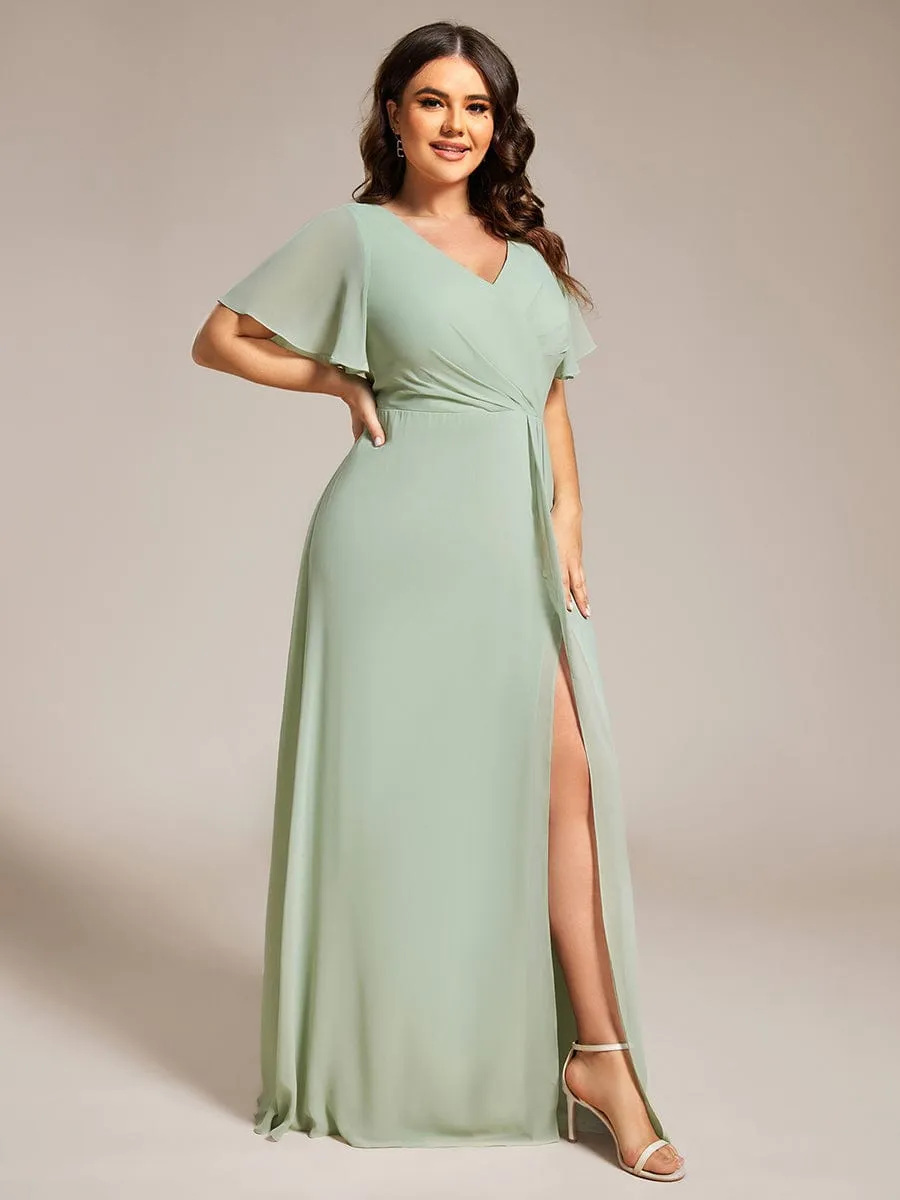 High Slit V-Neck Chiffon High Waist Bridesmaid Dress with Ruffle Sleeve