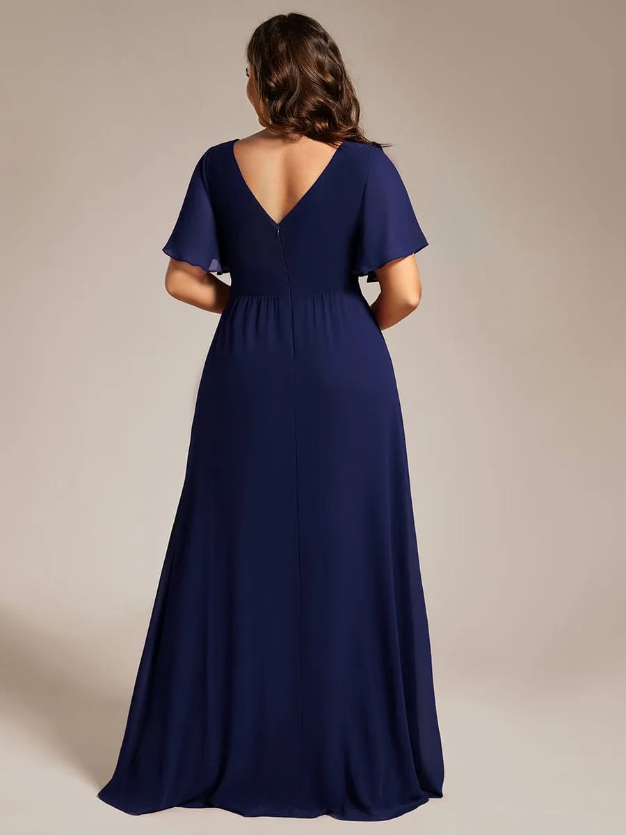 High Slit V-Neck Chiffon High Waist Bridesmaid Dress with Ruffle Sleeve