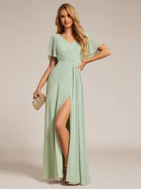 High Slit V-Neck Chiffon High Waist Bridesmaid Dress with Ruffle Sleeve