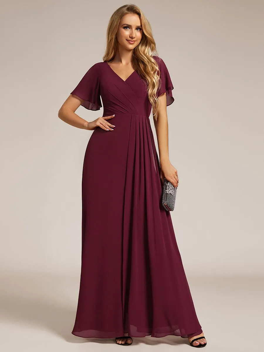 High Slit V-Neck Chiffon High Waist Bridesmaid Dress with Ruffle Sleeve